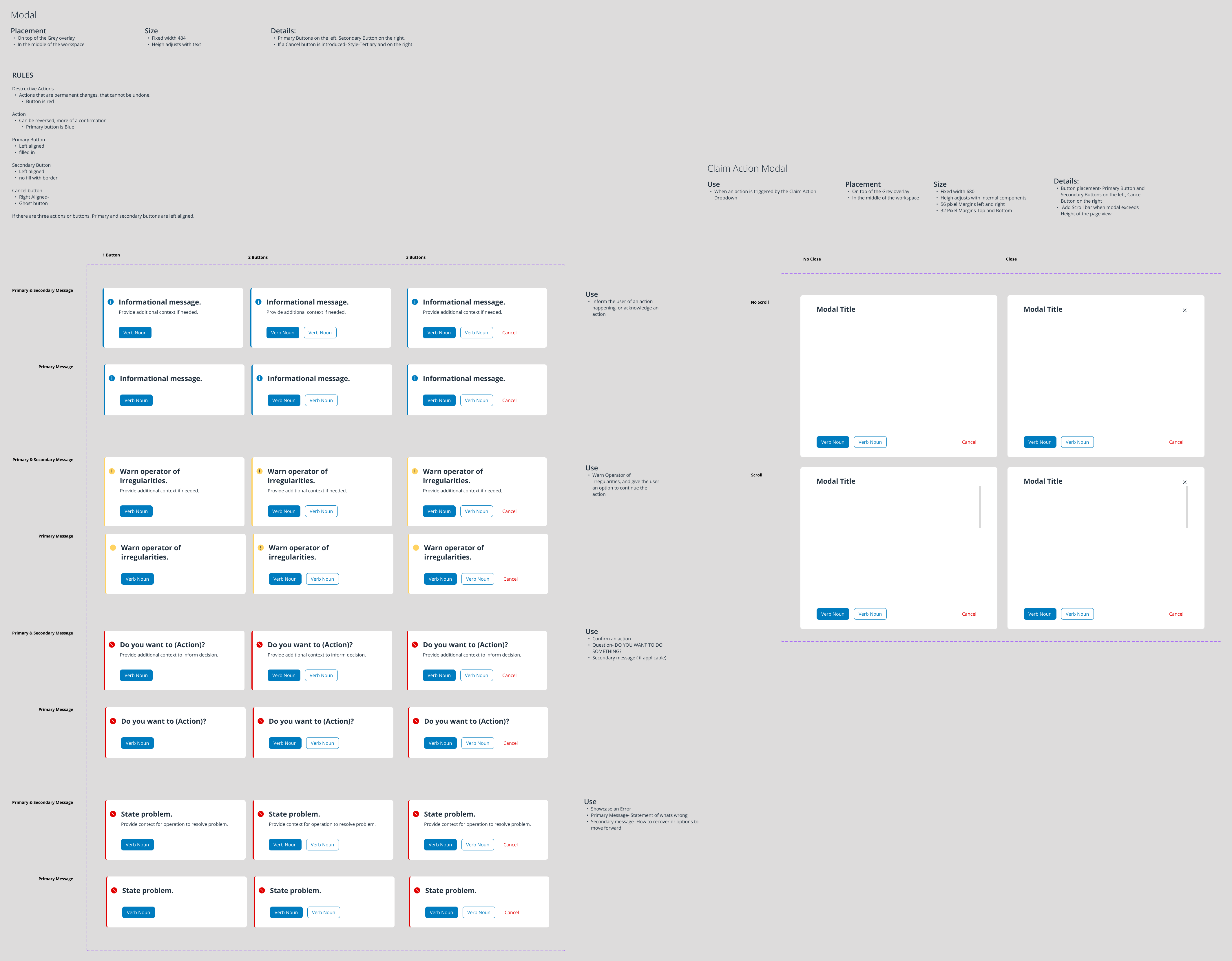 Modal — informational, warning and error variants with 1, 2 and 3 buttons; claim action modal
