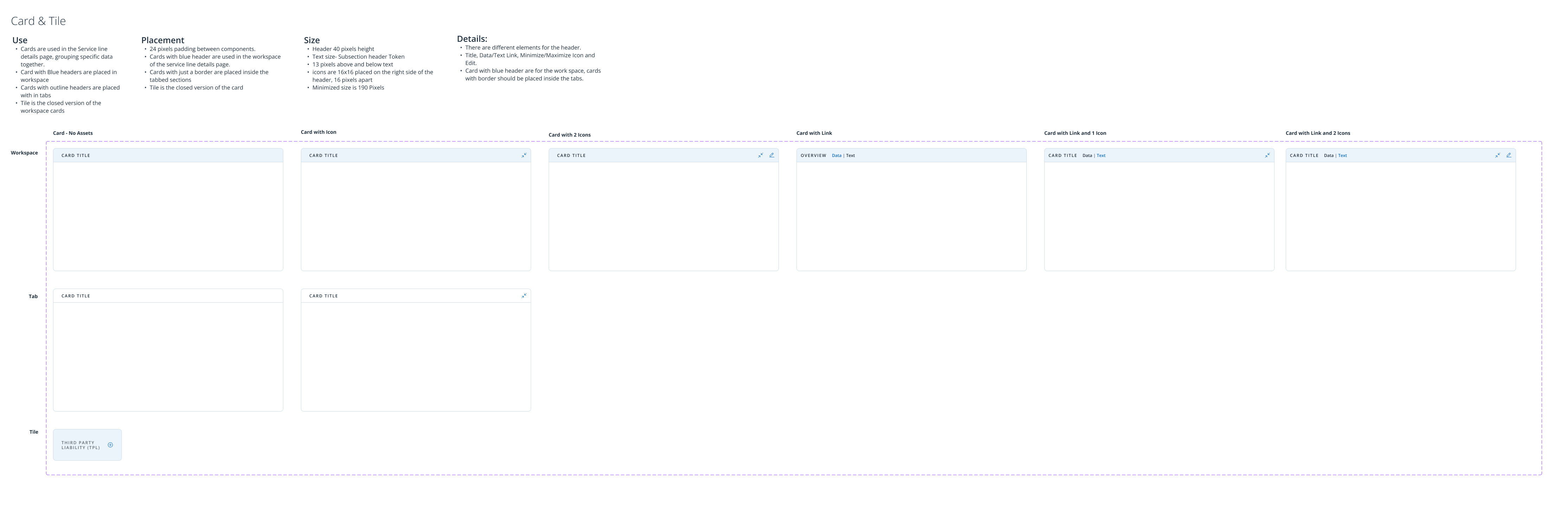 Card & Tile — workspace, tab and tile variations with header options