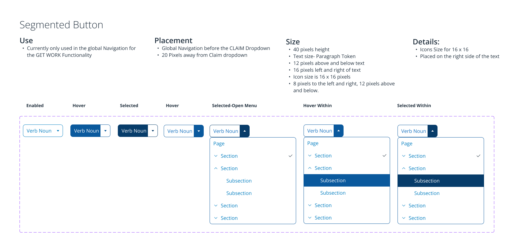 Segmented Button — enabled, hover, selected and open-menu states