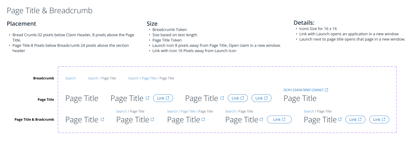 Page Title & Breadcrumb — placement, sizing and link variations