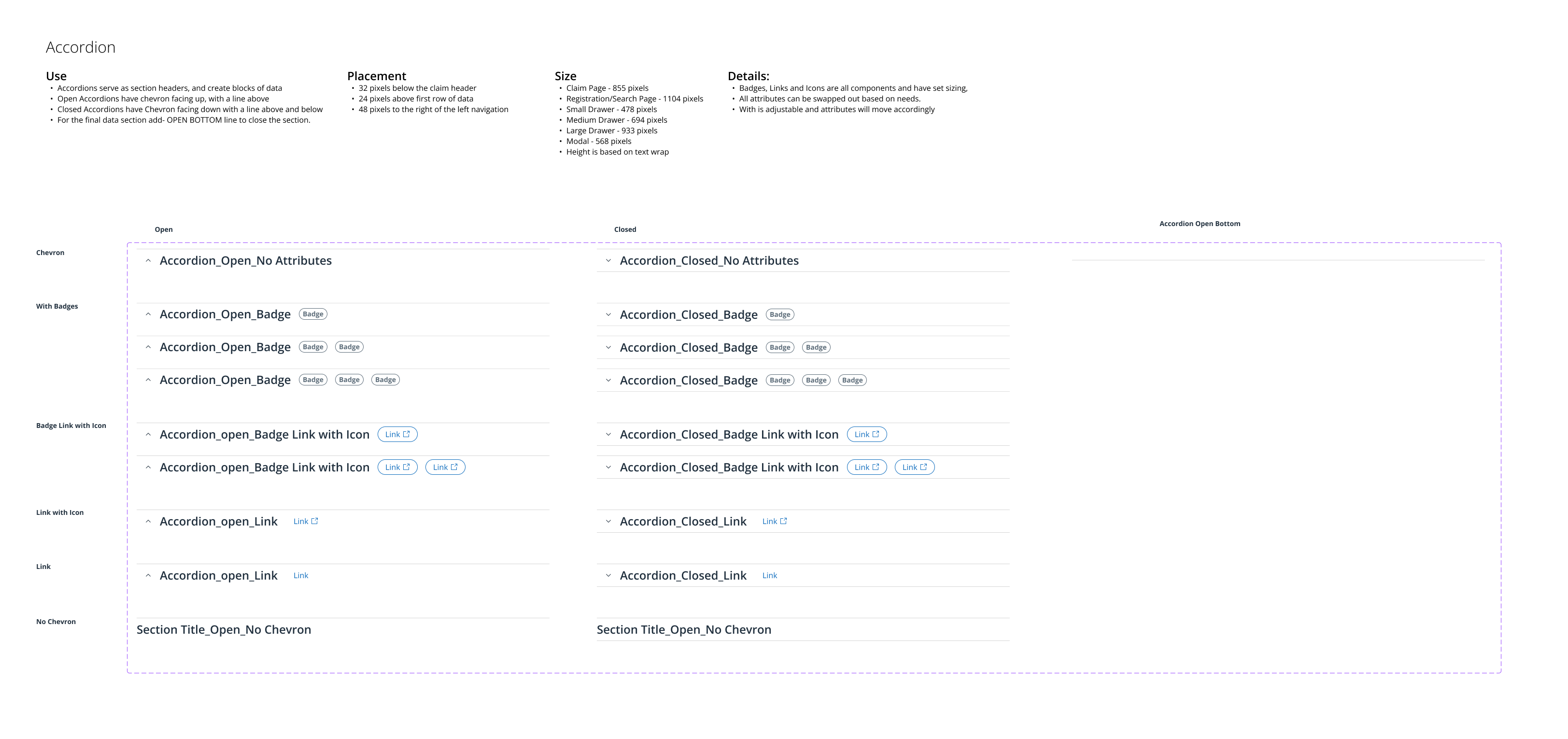 Accordion — open and closed states with badges, links and icon options