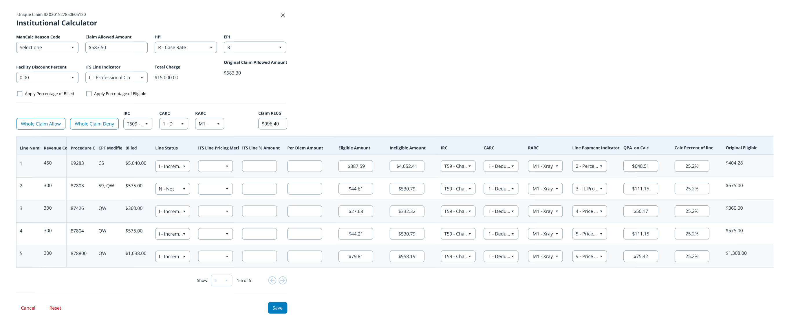 Institutional Calculator — table inside a modal with editable line-level fields