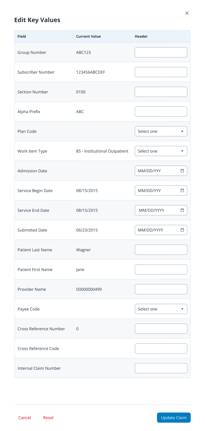 Edit Key Values — vertical key/value table with editable inputs