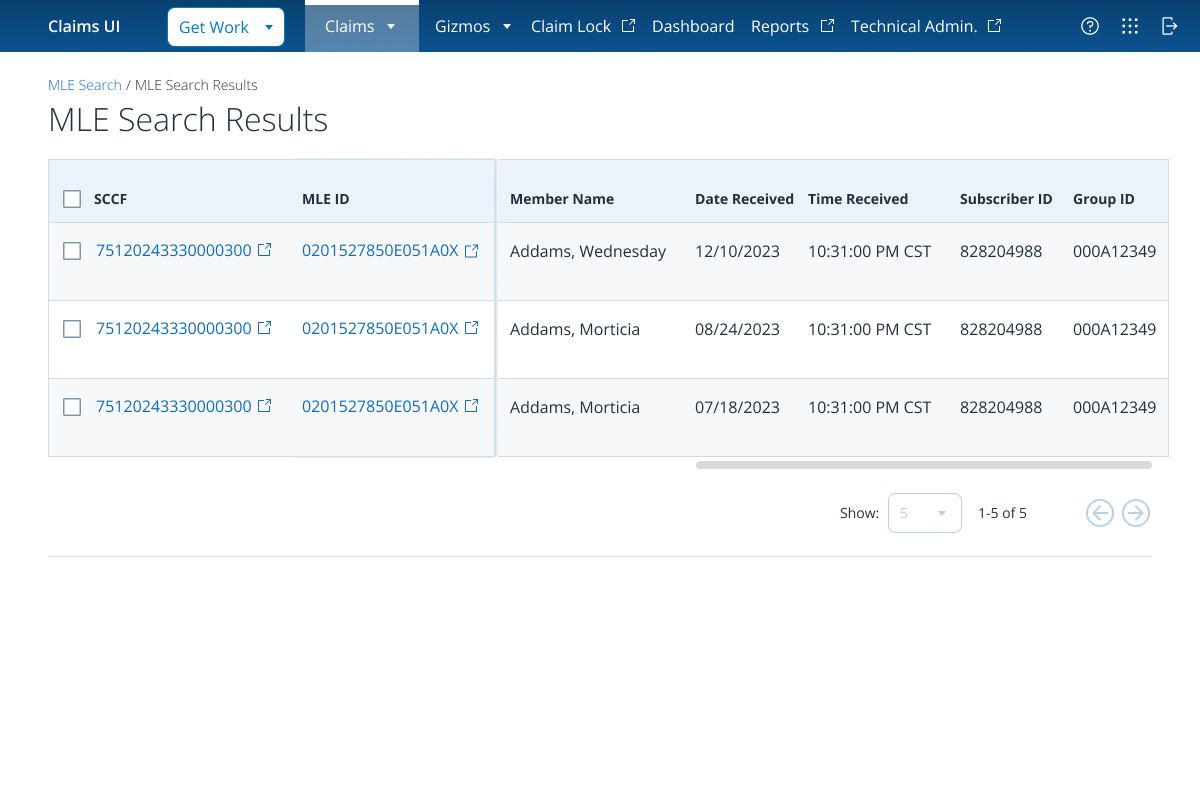 Search Results — family member and claims tables in a single results view