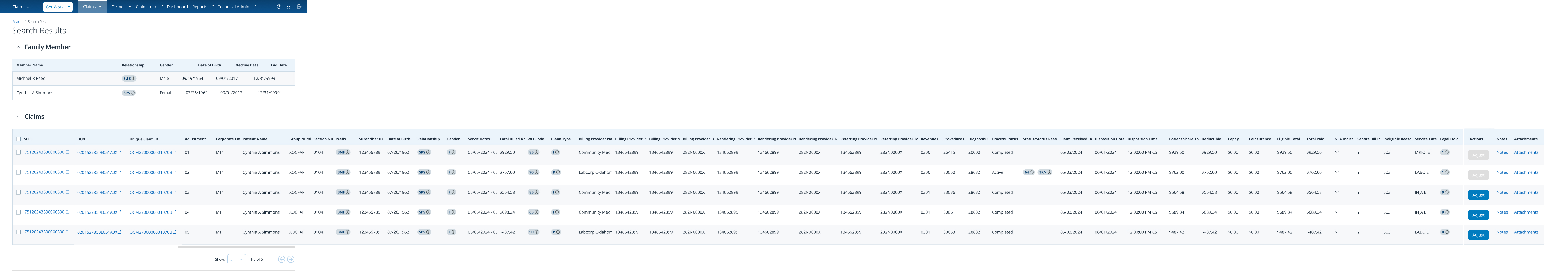 Search Results expanded — wide claims table with horizontal scroll and frozen columns