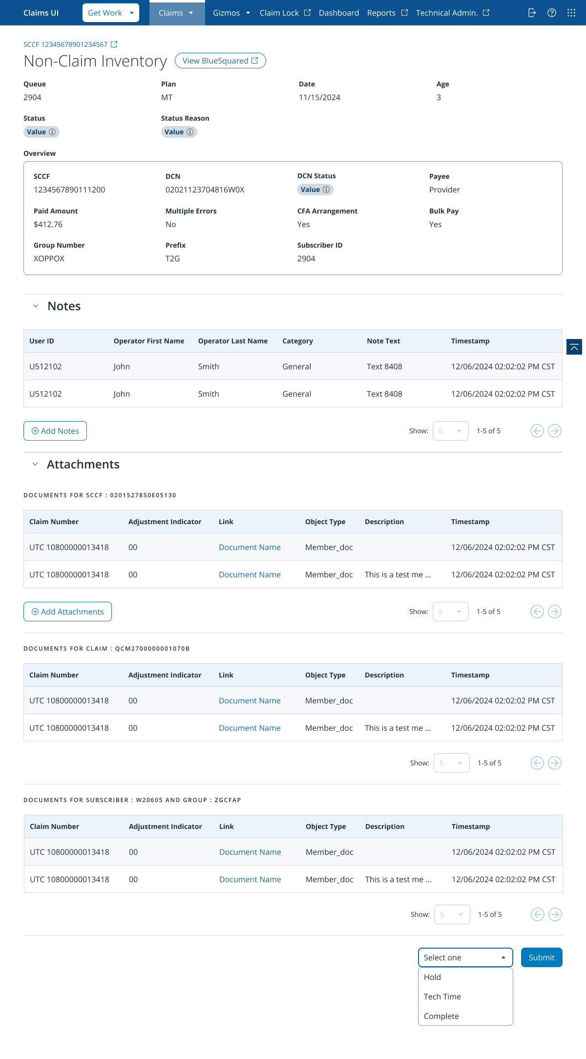 Non-Claim Inventory — long page with overview, notes and three attachment tables