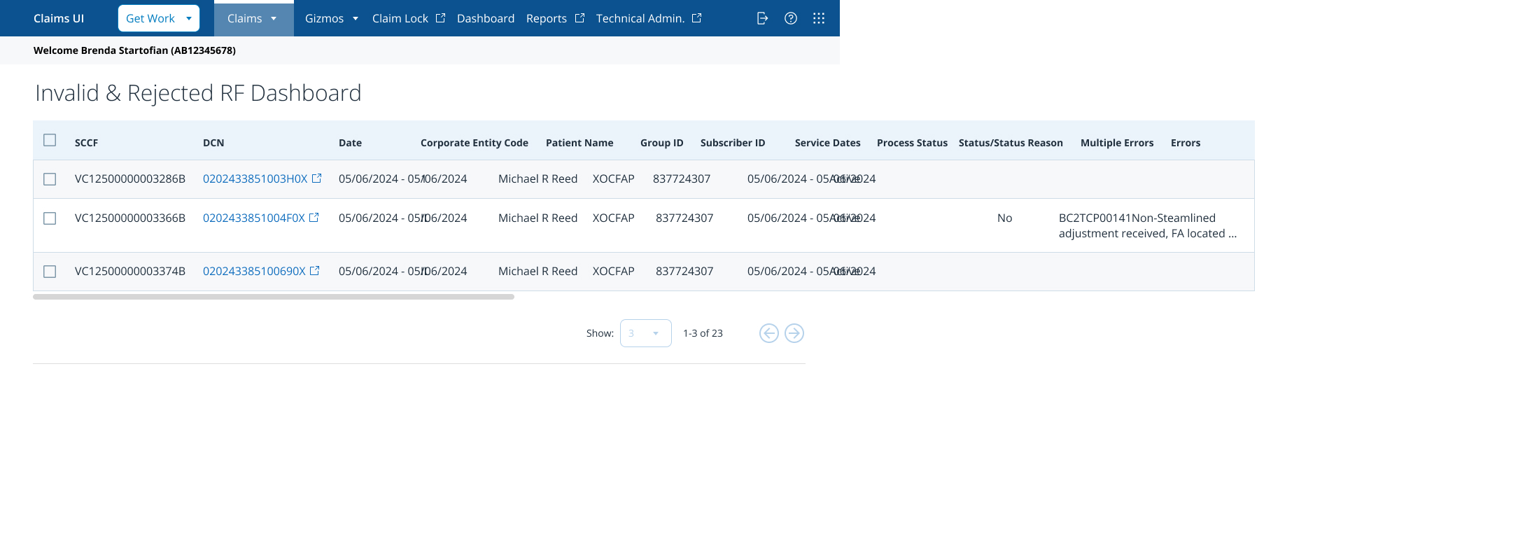 Invalid & Rejected RF Dashboard — table with status and error columns