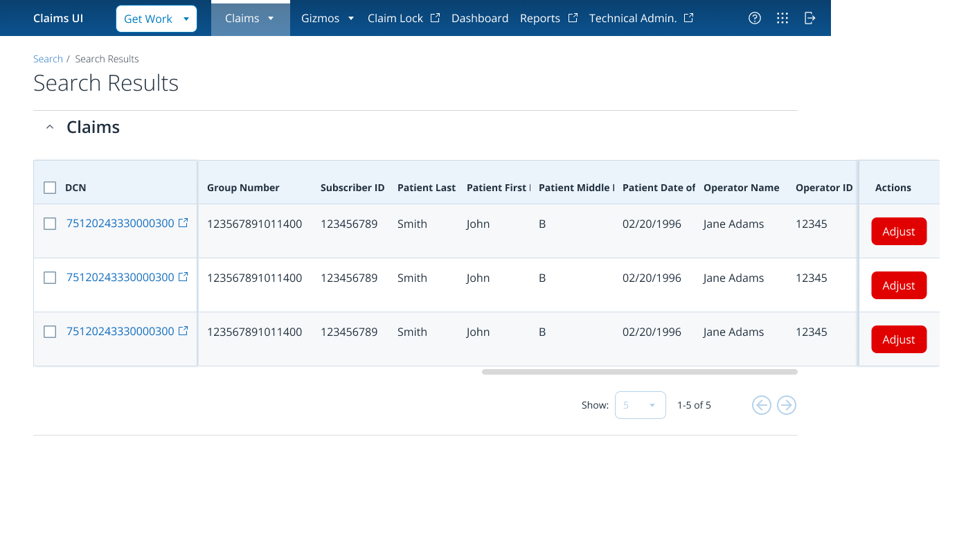 MLE Search Results — multi-result table with hyperlinked IDs