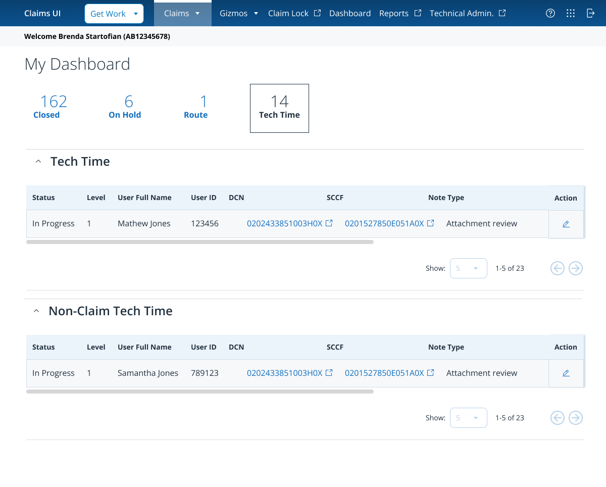 My Dashboard — Tech Time and Non-Claim Tech Time tables