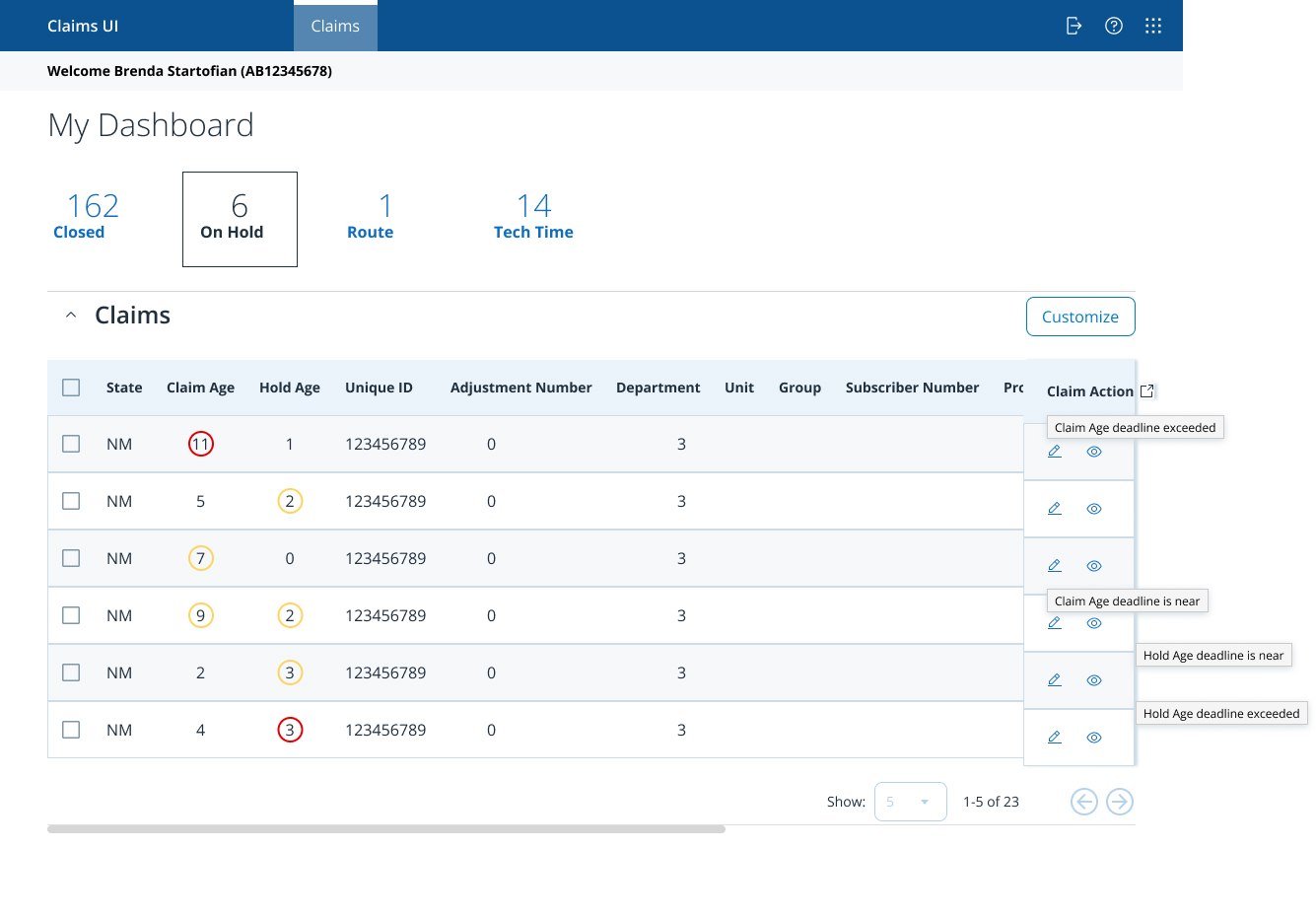 My Dashboard — On Hold view with claim/hold age indicators and tooltips