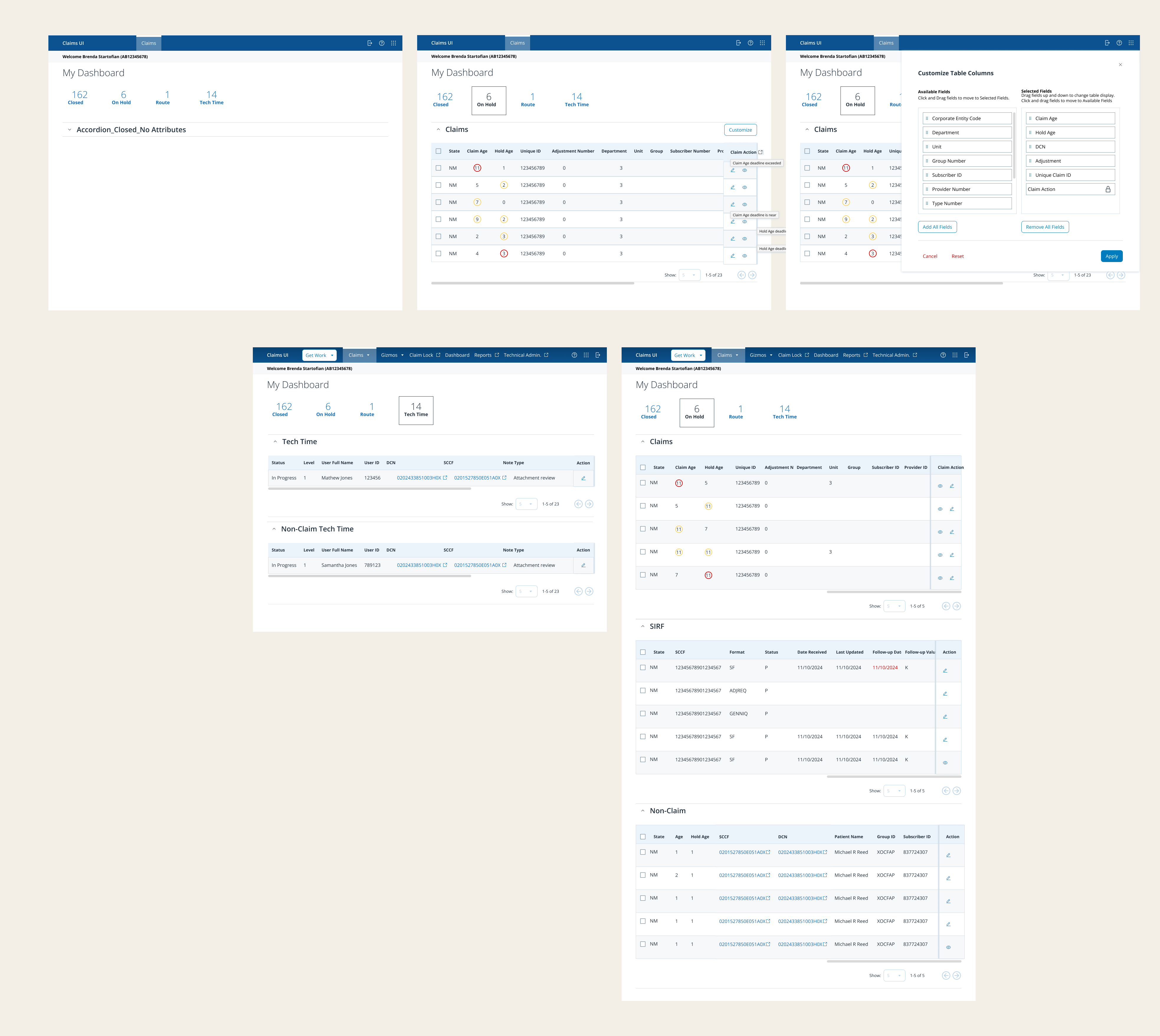 My Dashboard wireframes — empty state, claims queue, customize columns, tech time, and full dashboard with SIRF and Non-Claim