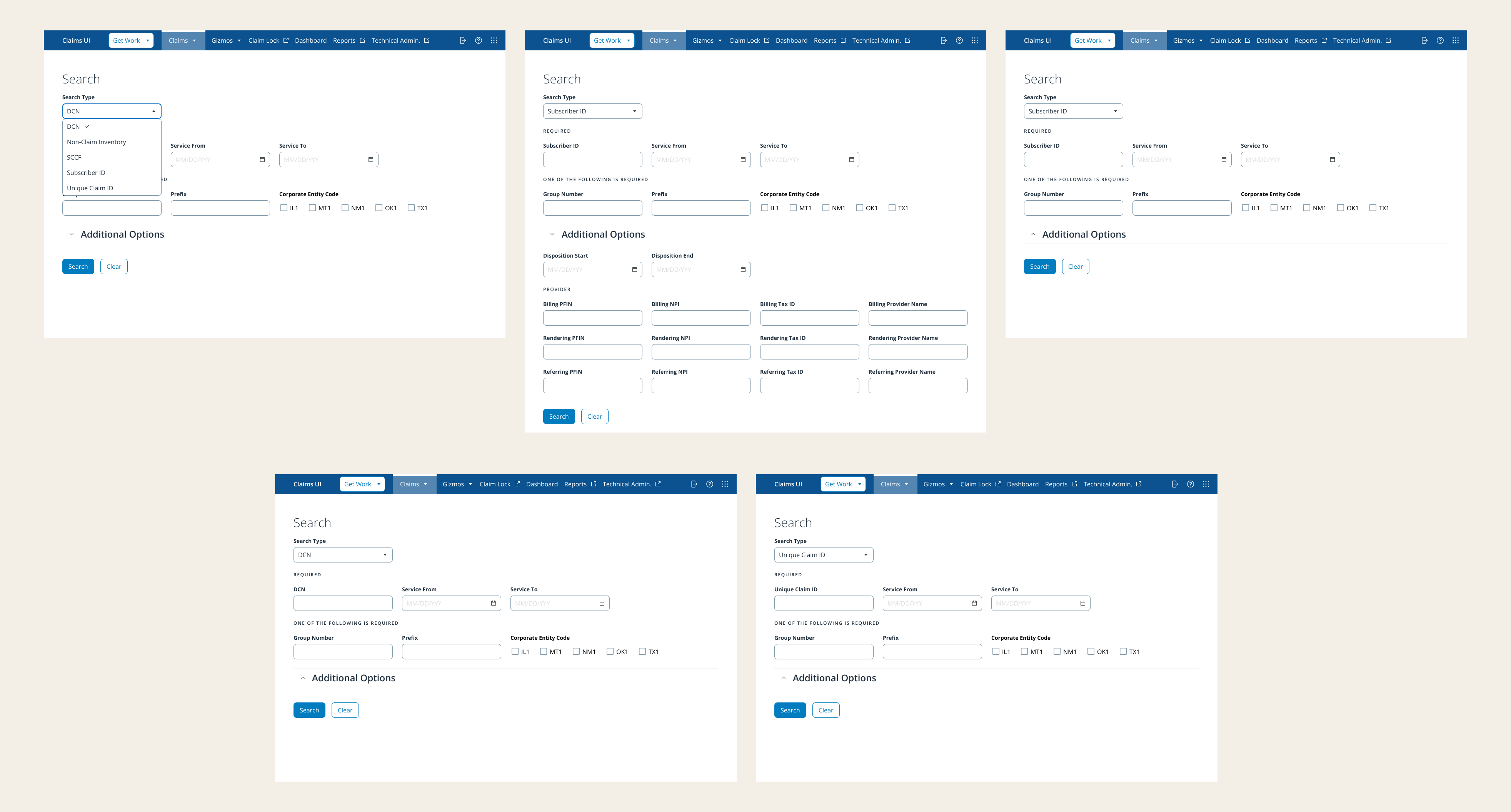 Search wireframes — search type variations including DCN, Non-Claim Inventory, SCCF, Subscriber ID and Unique Claim ID