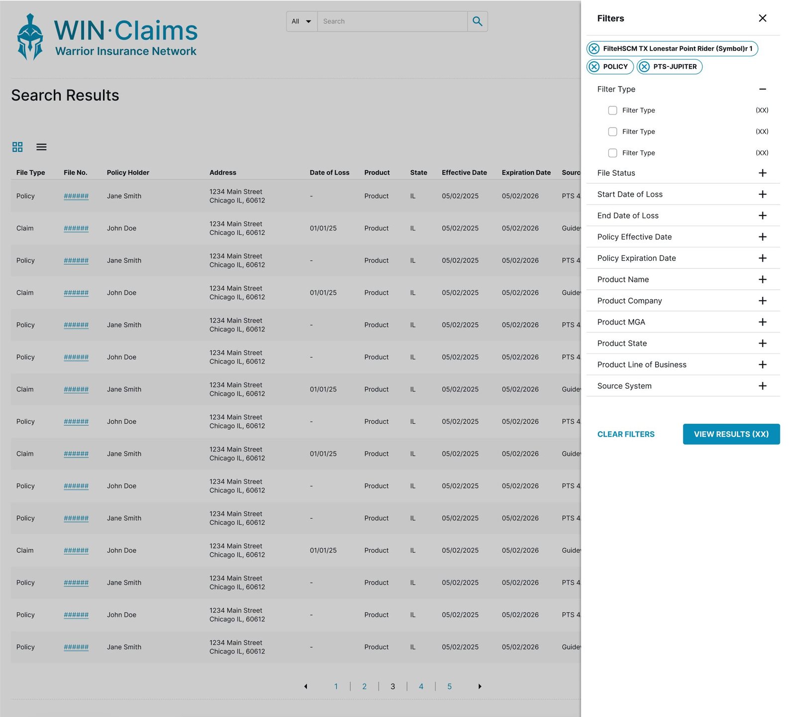 Search results with filters
