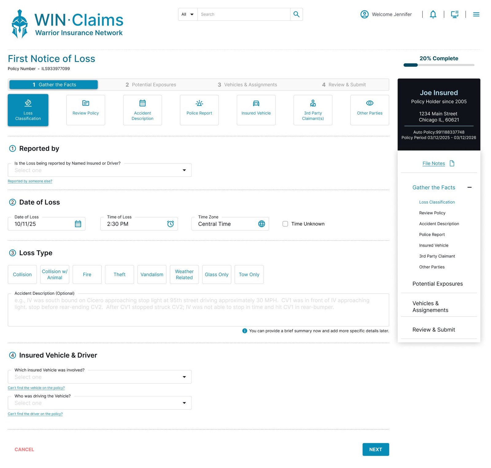 Loss classification — claim intake underway