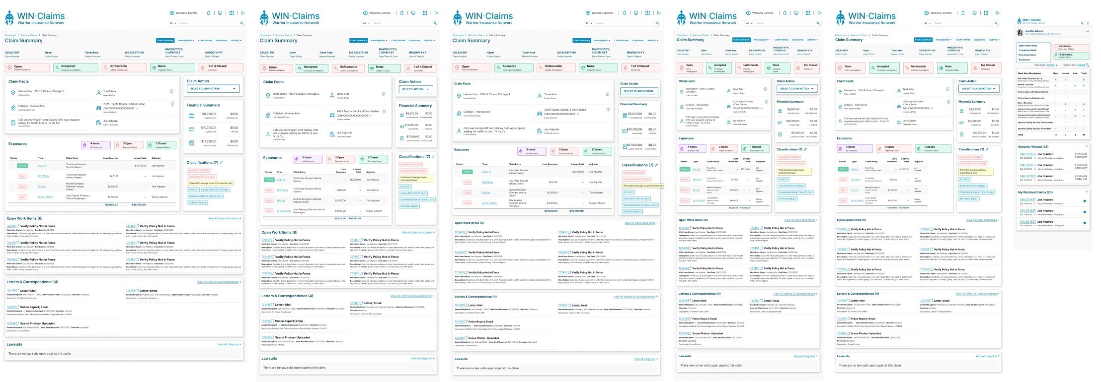 The Claim Summary screen shown at six widths — full desktop, medium tablet, small tablet, mobile landscape, mobile portrait, and the mobile suite view