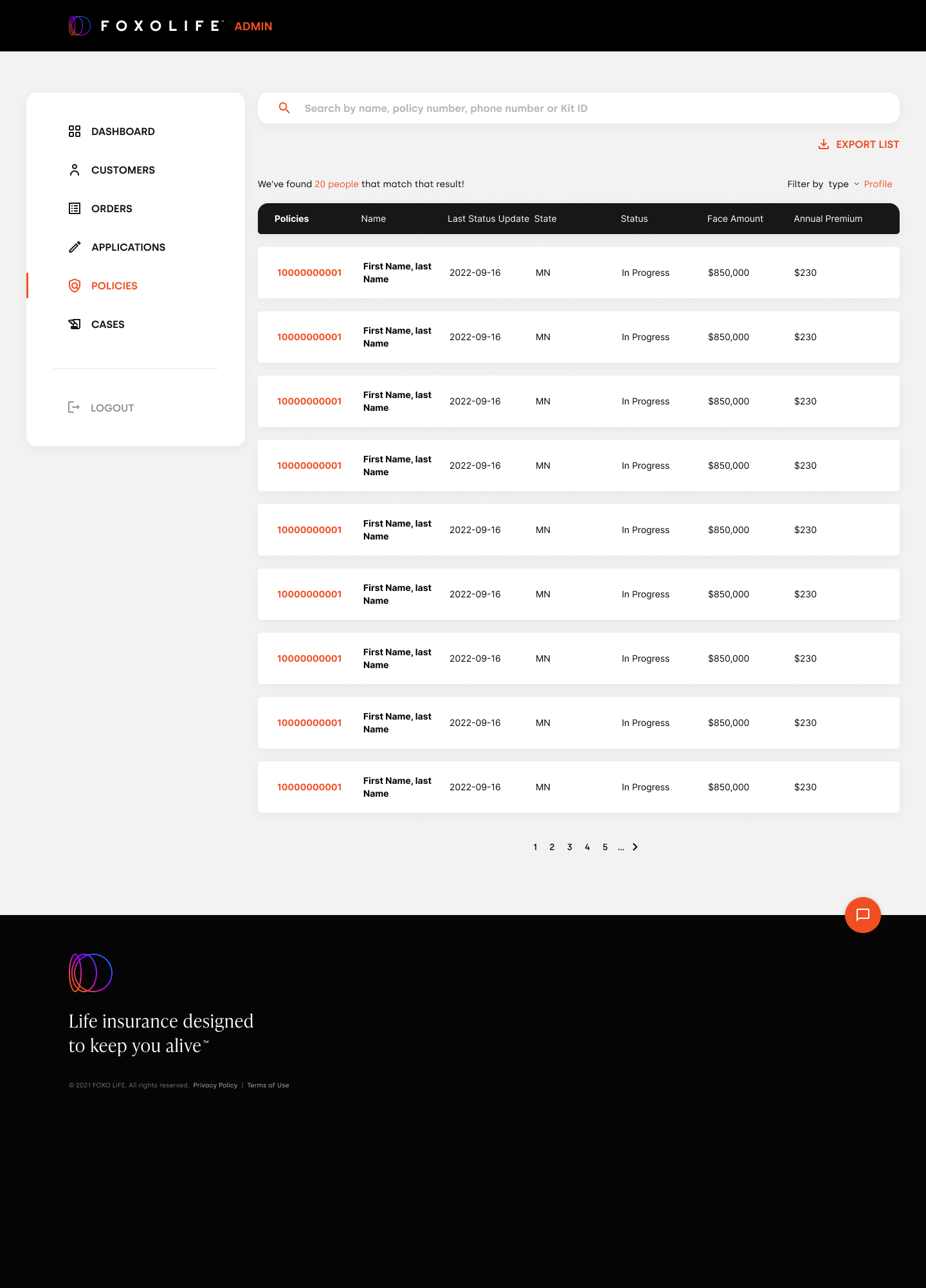 Admin dashboard — Policies list with status, face amount and premium