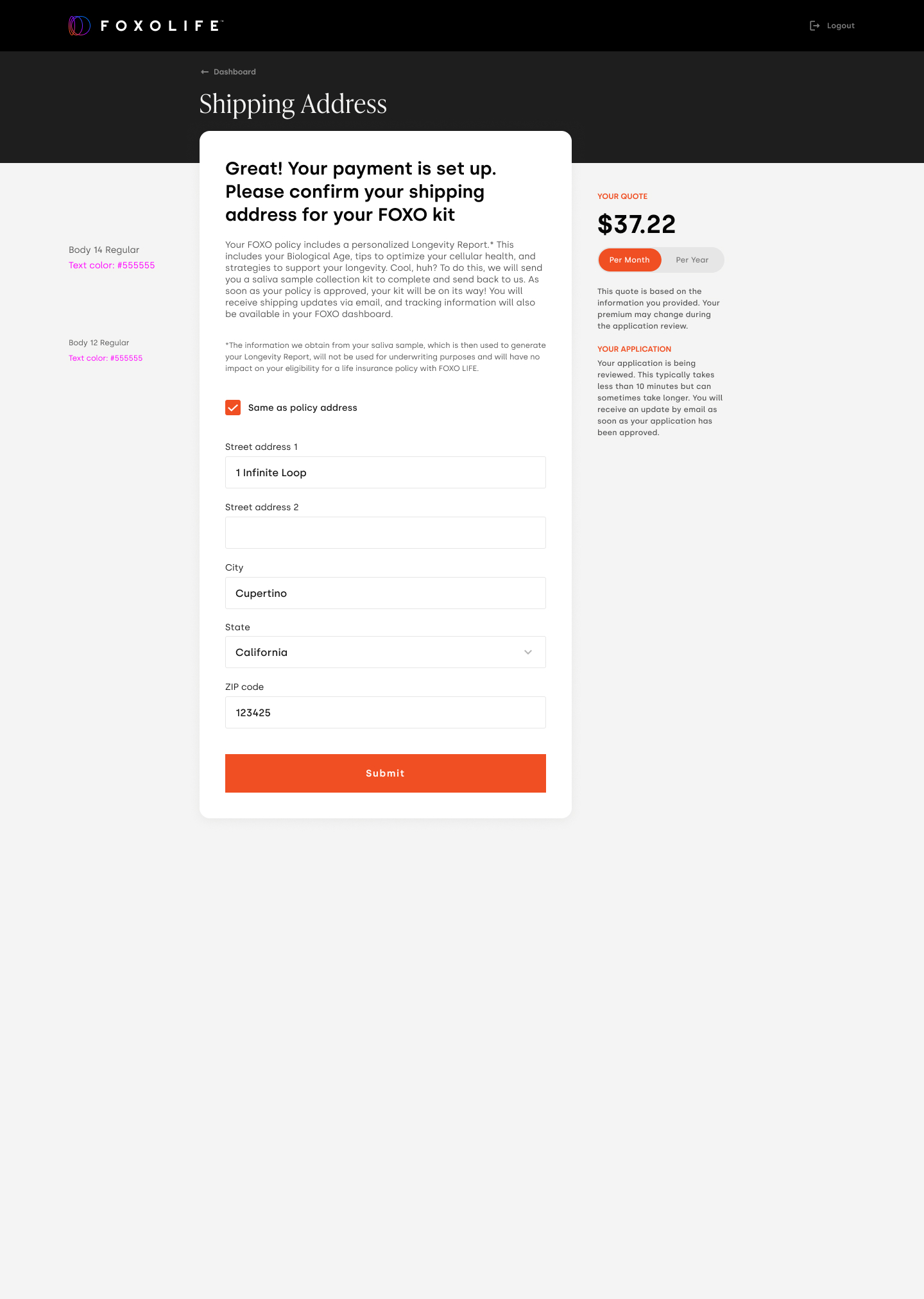 Health survey — linear sidebar with explicit section states (Complete, In progress, Declined)
