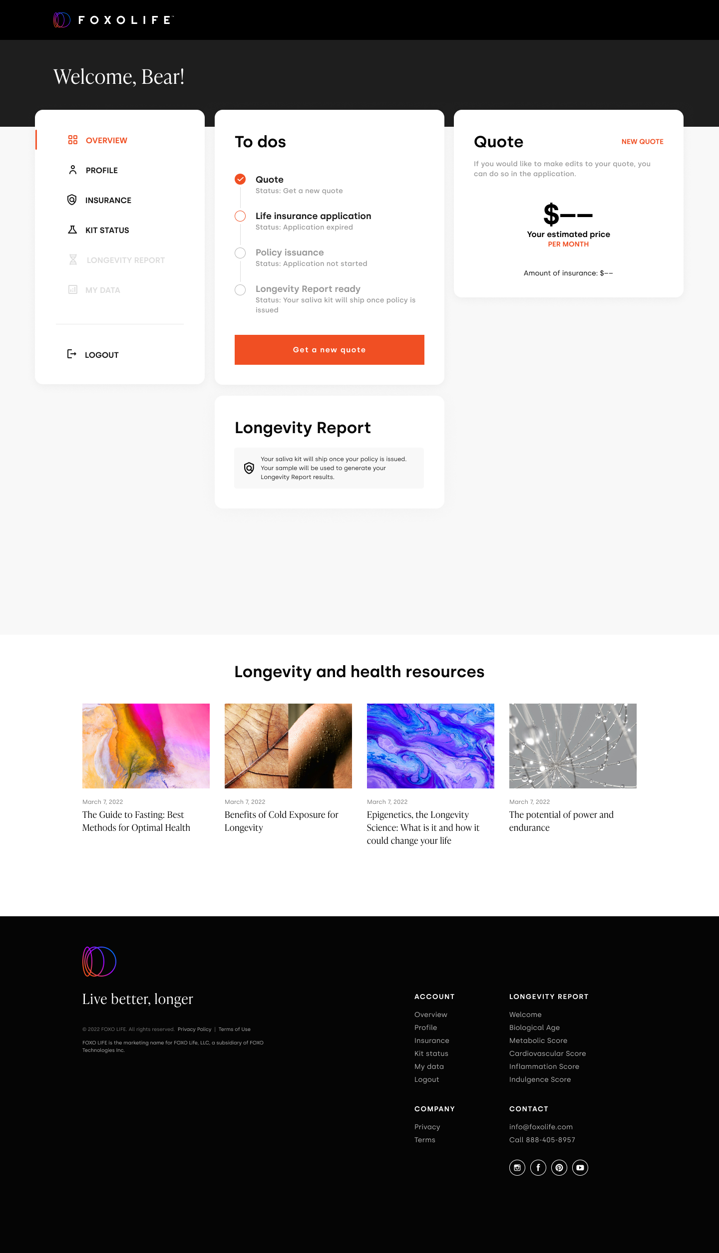 Customer dashboard — Overview tab with To-dos and the Quote/Application progression