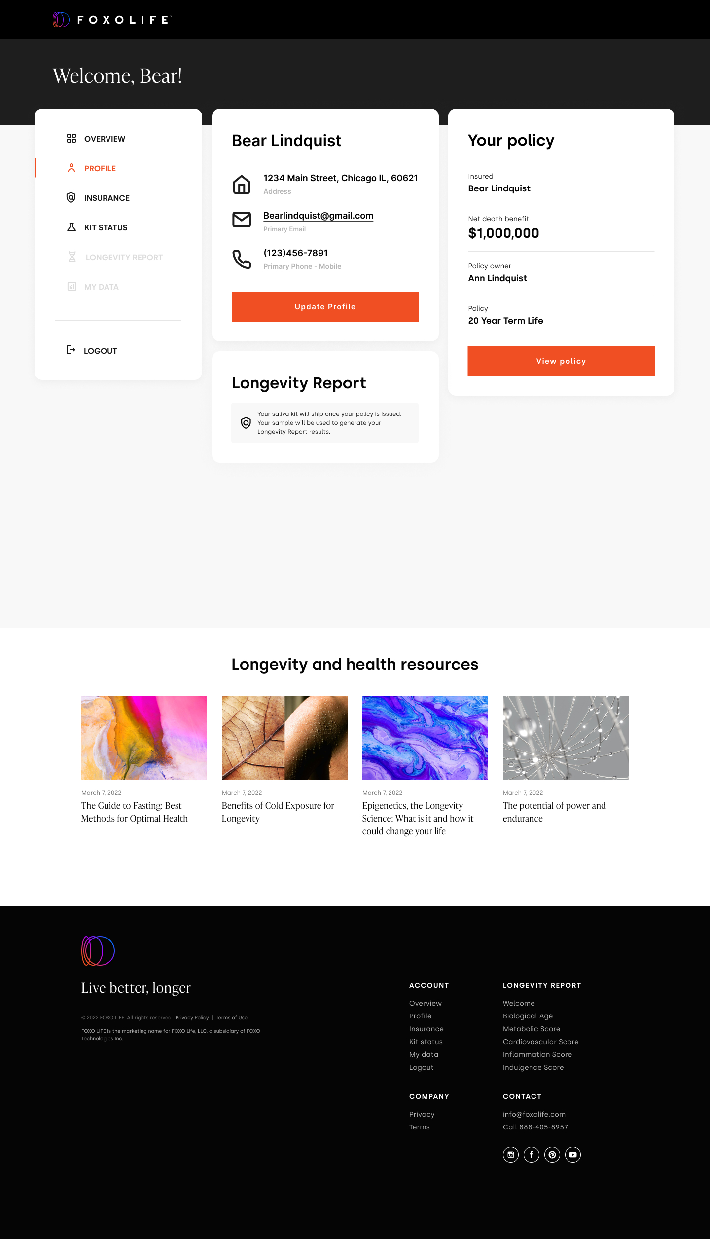 Customer dashboard — Profile tab with contact information