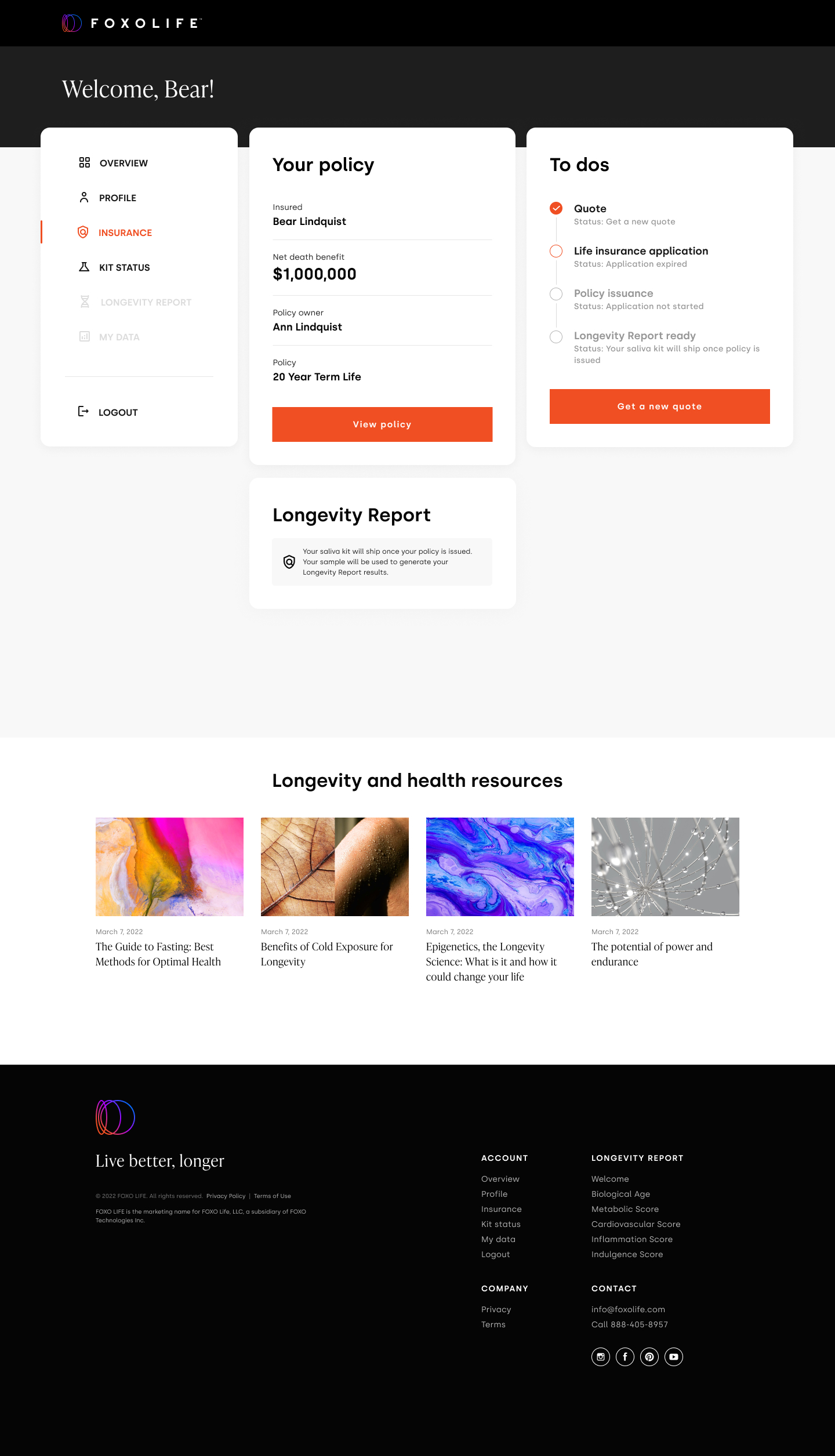 Customer dashboard — Insurance tab with policy details and To-dos