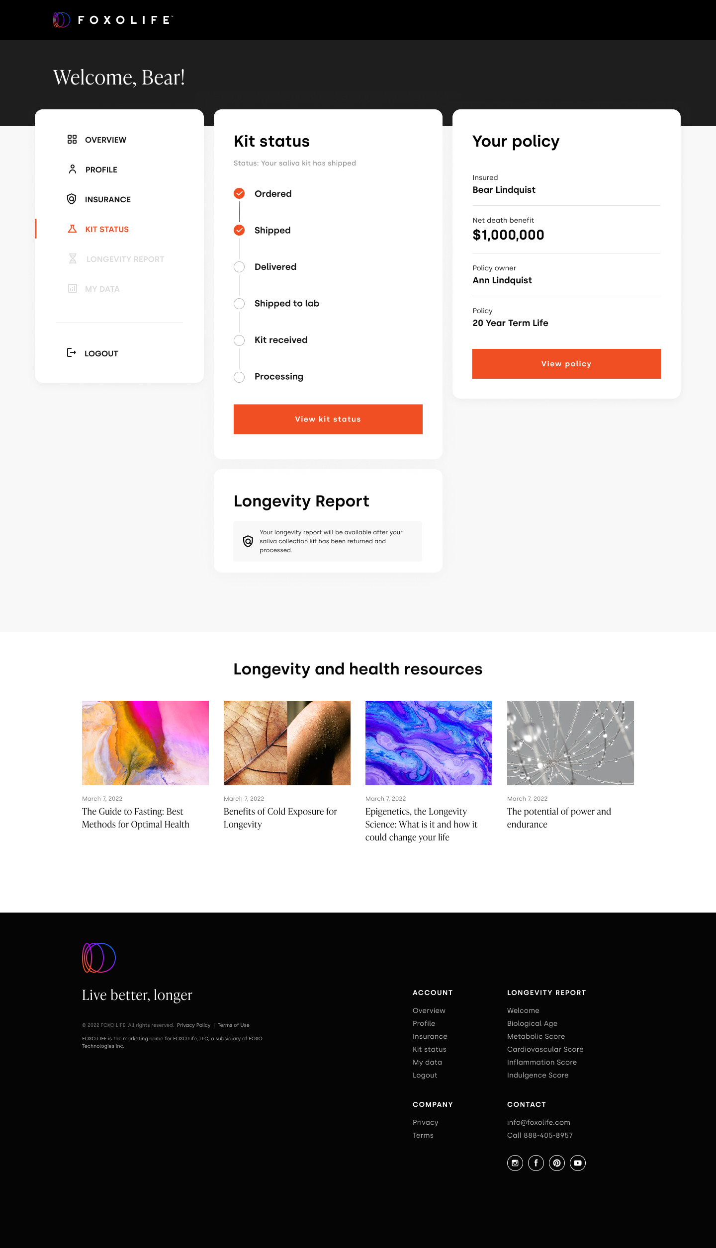 Customer dashboard — Kit Status tab with real-time tracking