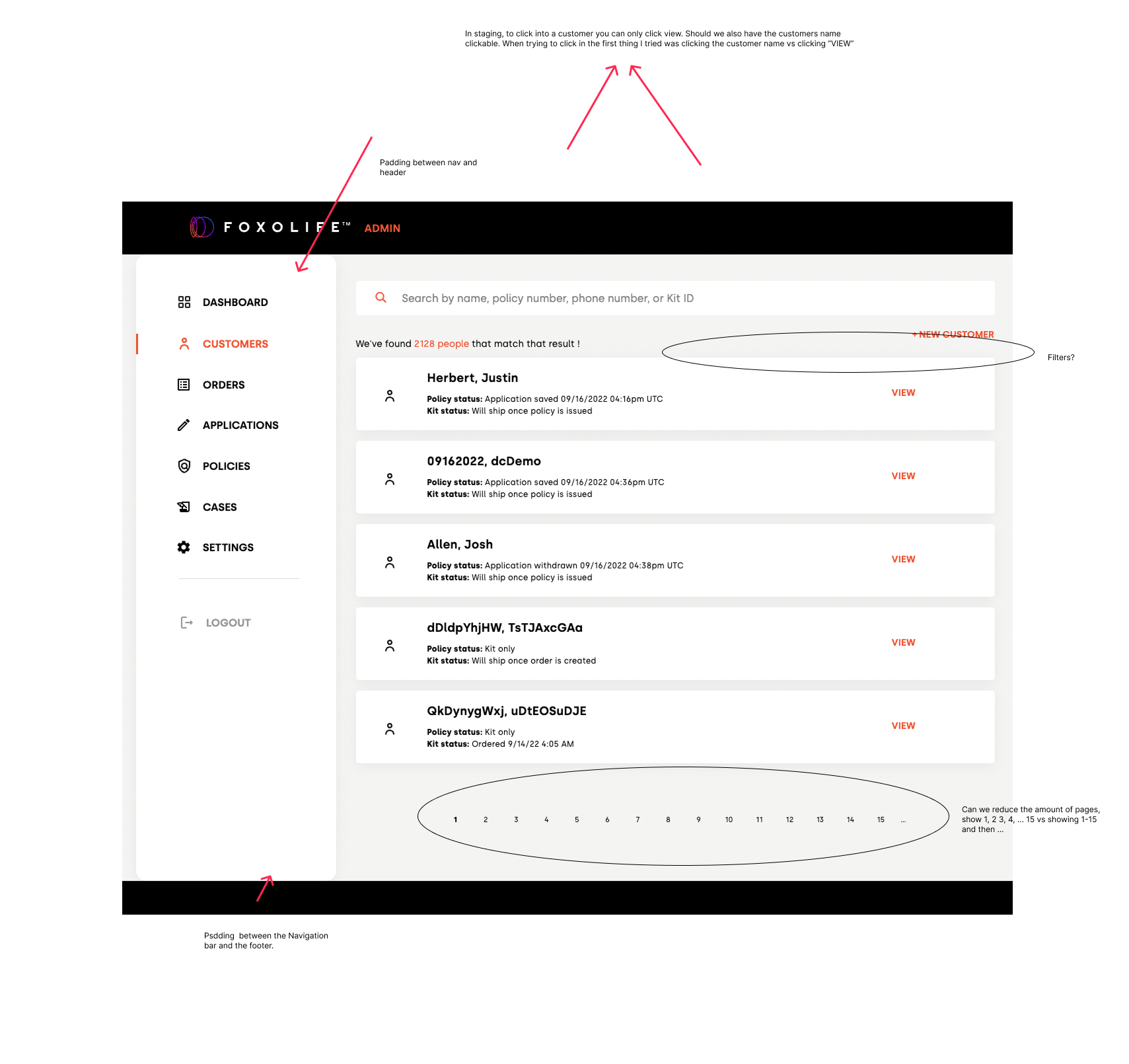 Customer list — VIEW-only clickability, filters, pagination, padding