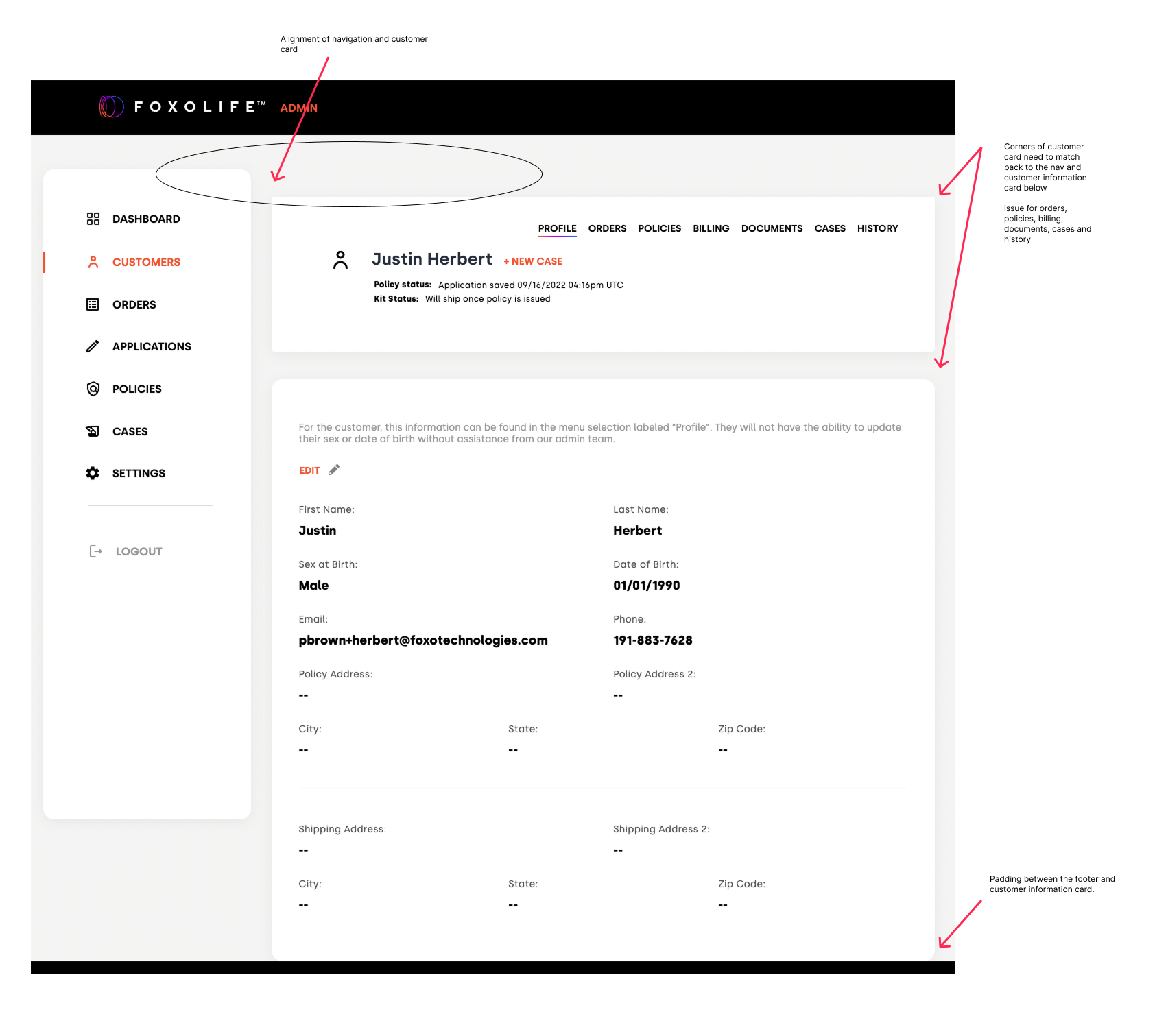 Customer profile — corner radius and card alignment notes
