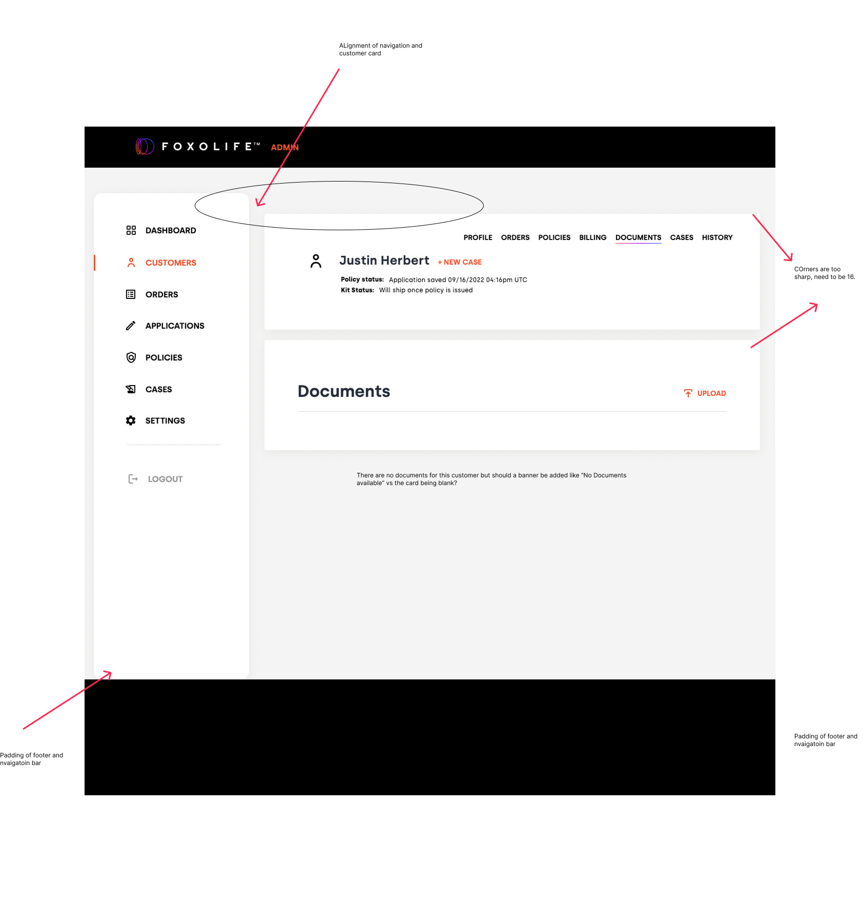 Customer Documents — alignment, corner radius and empty-state banner