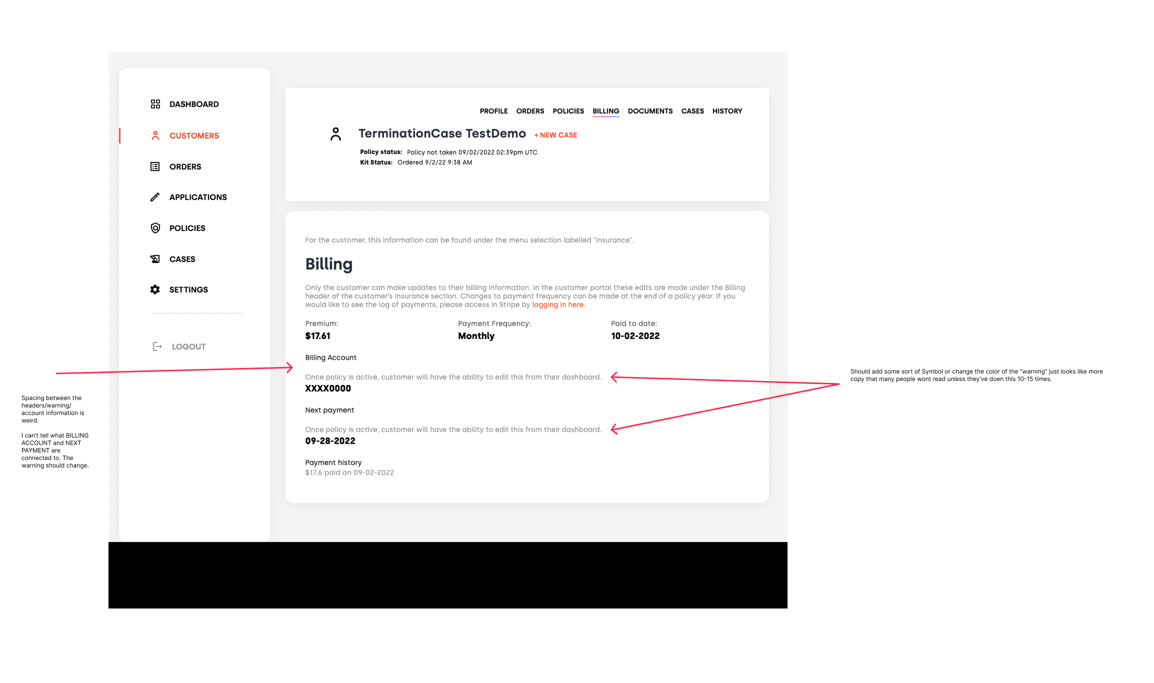 Customer Billing — warning emphasis, header / account spacing
