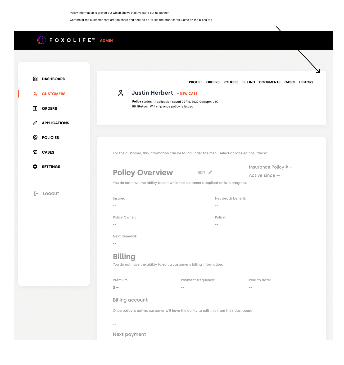 Customer Policies — inactive state, missing banner and corner radius