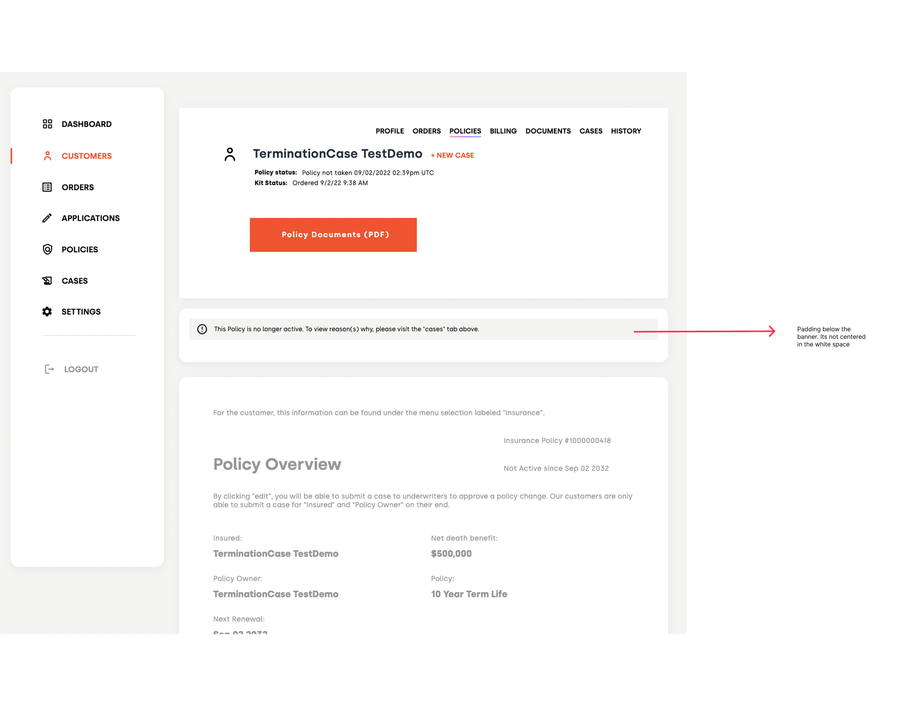 Inactive-policy banner — padding and vertical centering of the banner