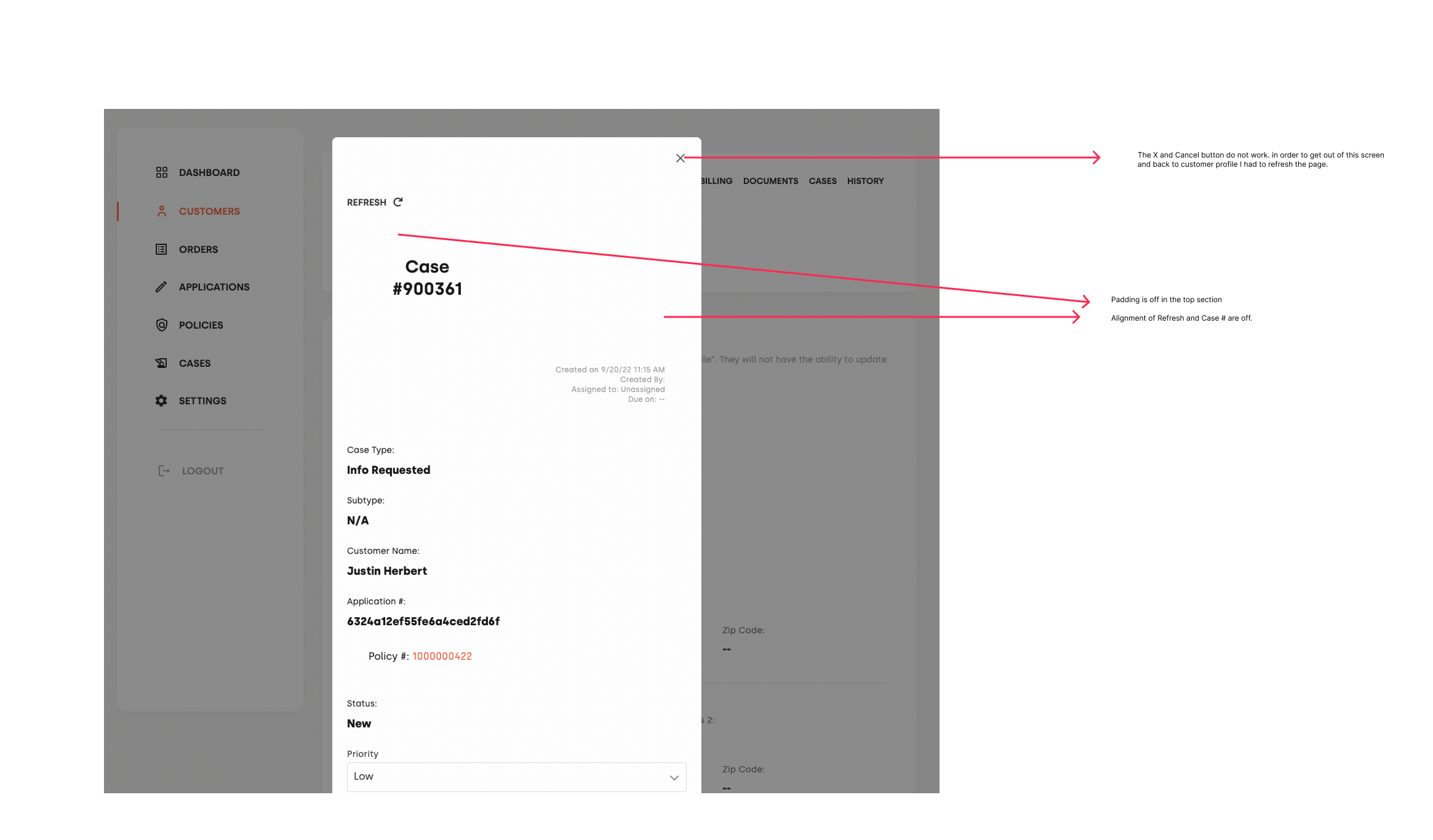 Case modal — X/Cancel not exiting, padding and Refresh alignment