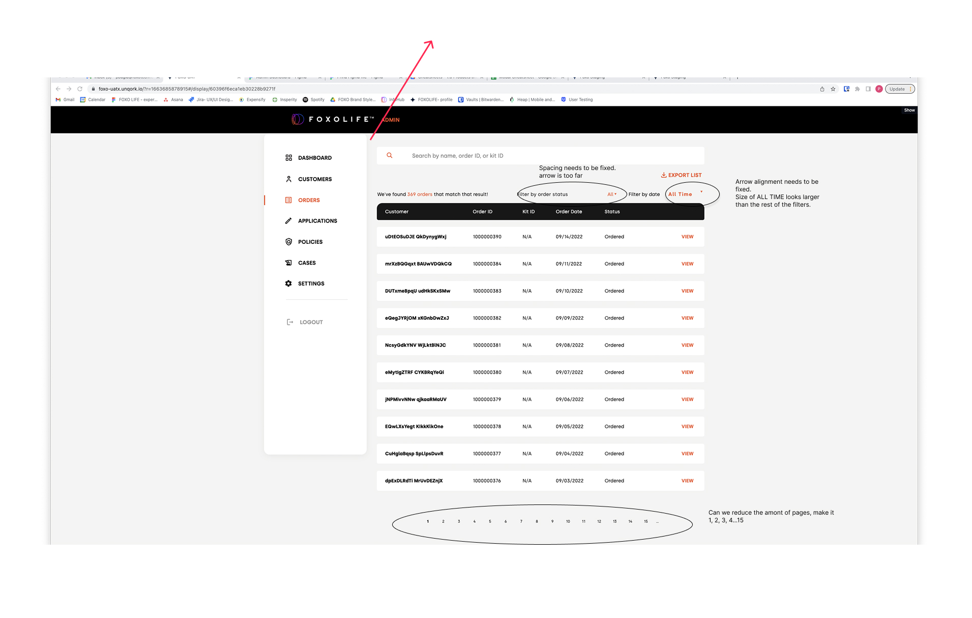 Admin Orders — filter arrow alignment, label size and pagination