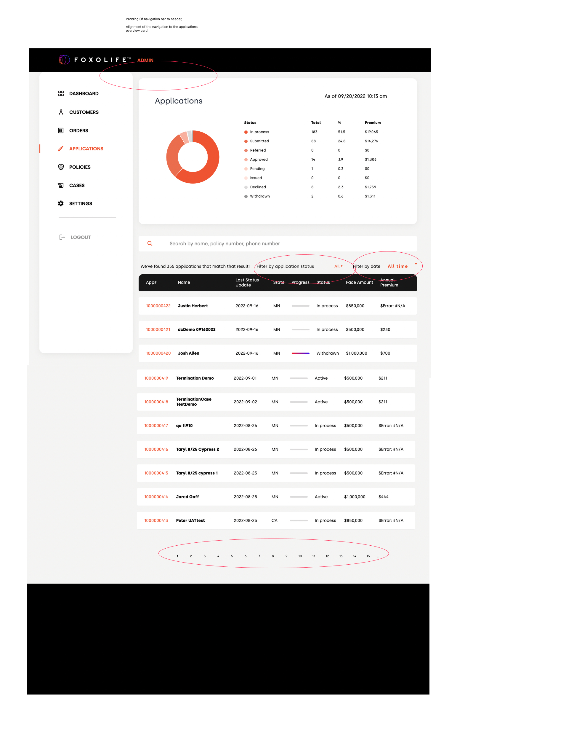 Admin Applications — nav padding and filter alignment