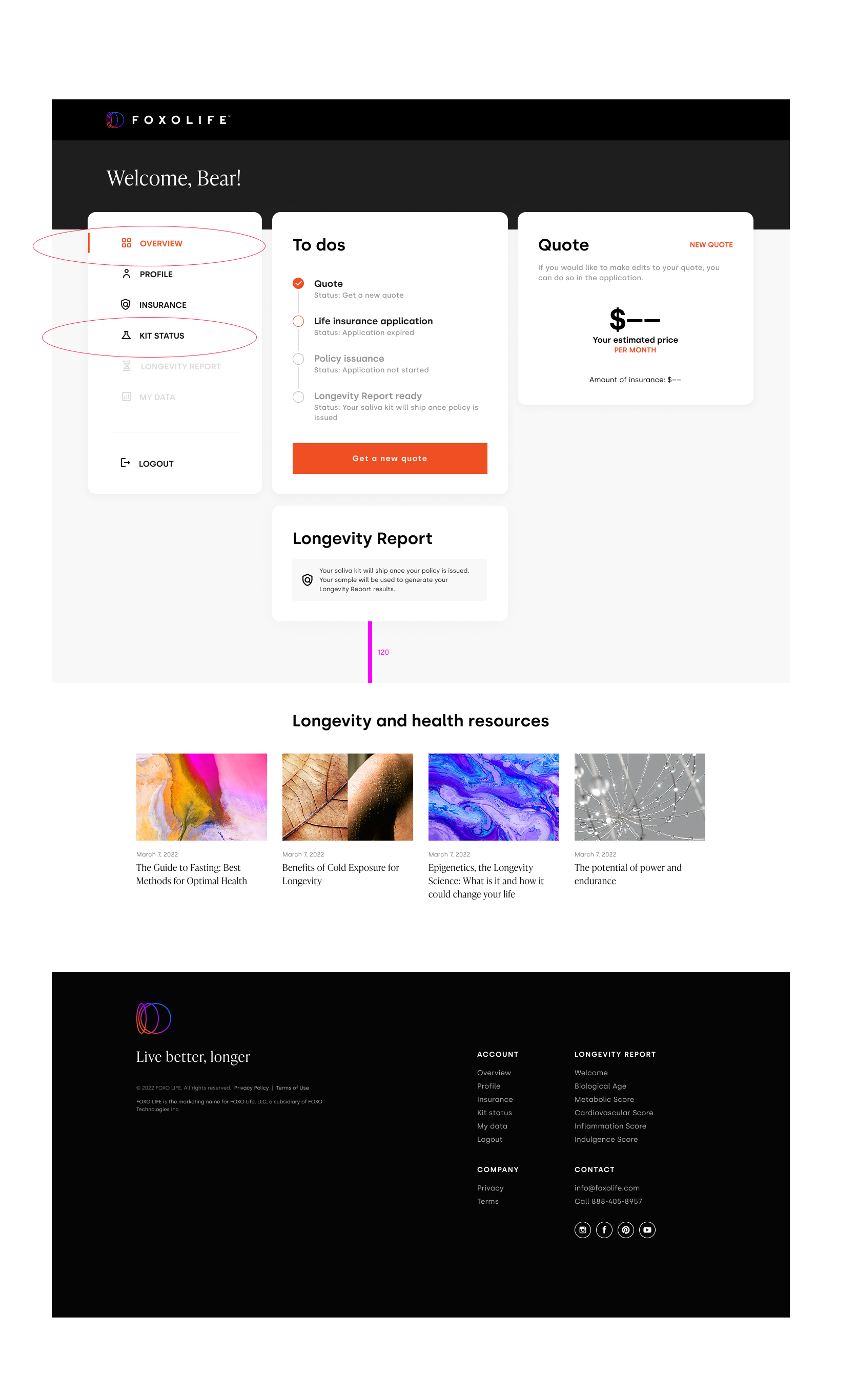 Customer Overview — To-dos / Quote / Longevity Report card states