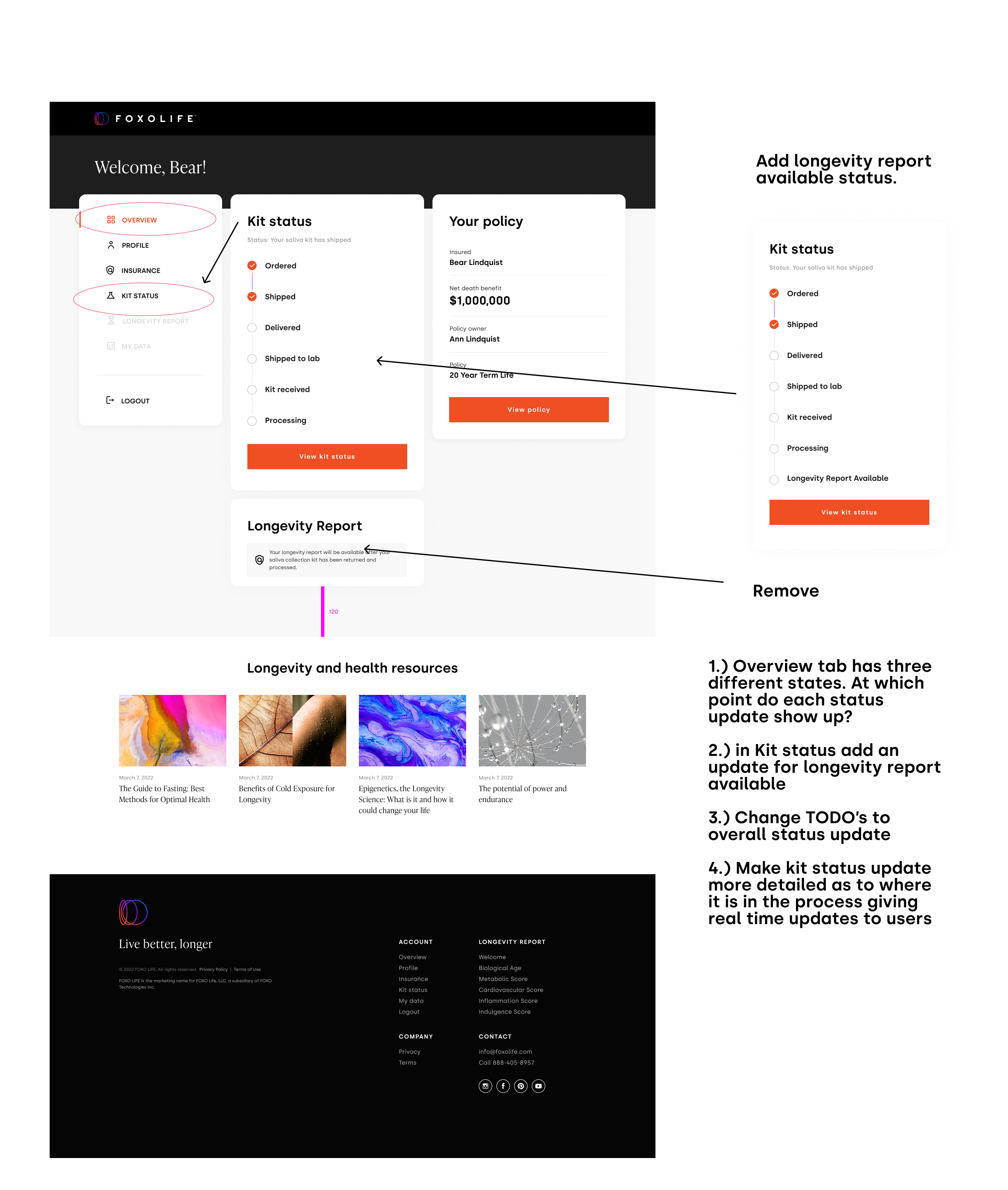 Customer Kit Status — add Longevity Report Available, real-time updates, remove duplicate card